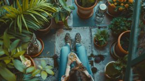 Girl having a coffee in backyard